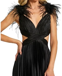 Mac Duggal Women's Pleated Feather Cap Sleeve Open Back Gown