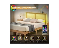 gaomon Queen Size Bed Frame with Rattan Headboard, Platform Bed Frame with Led Lights and Wood Headboard, Strong Wooden Slat, Mattress Foundation, Noi