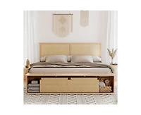 gaomon Natural Rattan Full Size Bed Frame with Sliding Barn Door Storage Cabinets and Headboard, Boho Farmhouse Wood Platform Bed with Solid Wood Legs