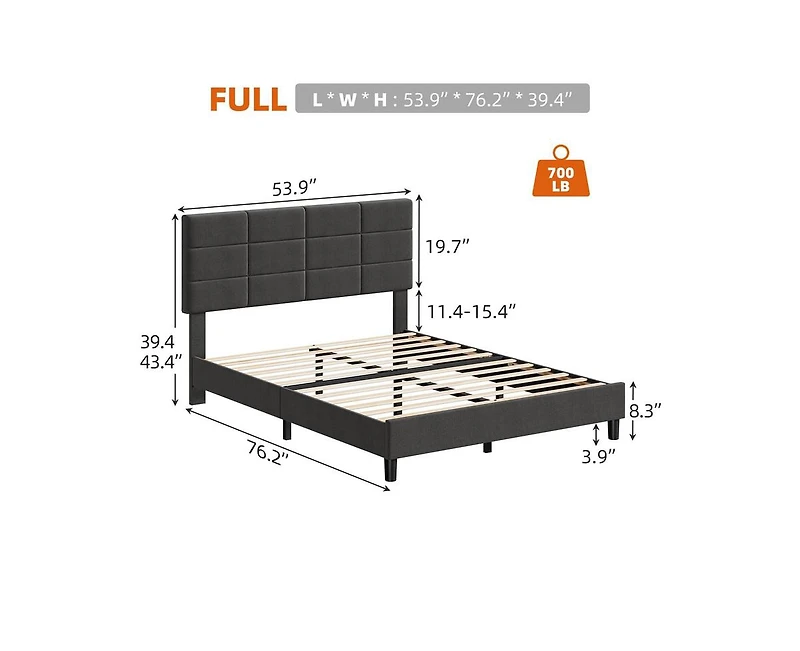 gaomon Full Bed Frame, Linen Upholstered Platform Full Bed Frame with Height Adjustable Headboard, Metal Frame Full Bed Frame with Strong Wood Slats a