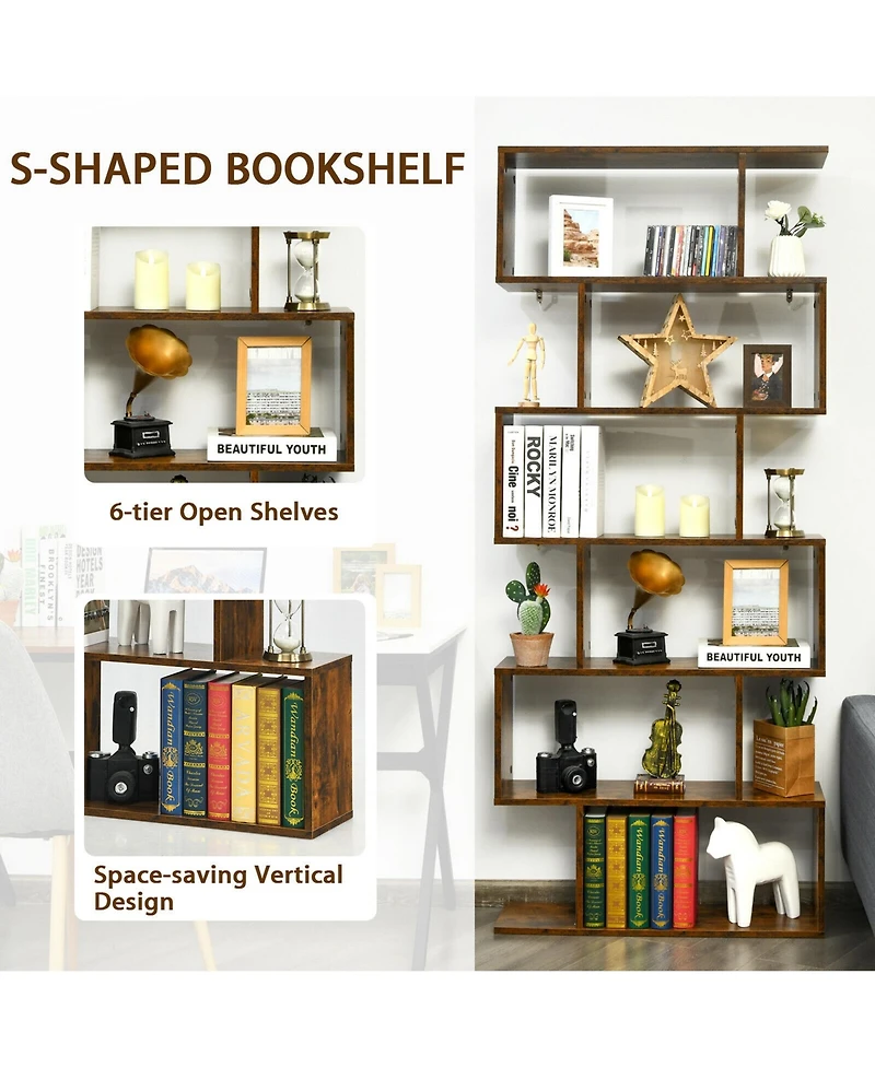 Gymax 2 Pcs 6 Tier S-Shaped Bookshelf Storage Display Bookcase Z-Shelf Coffee