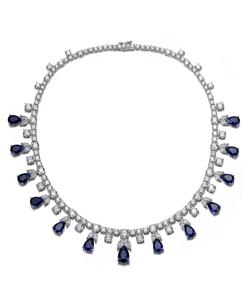 White Gold Plated Blue Dangles Station Tennis Necklace