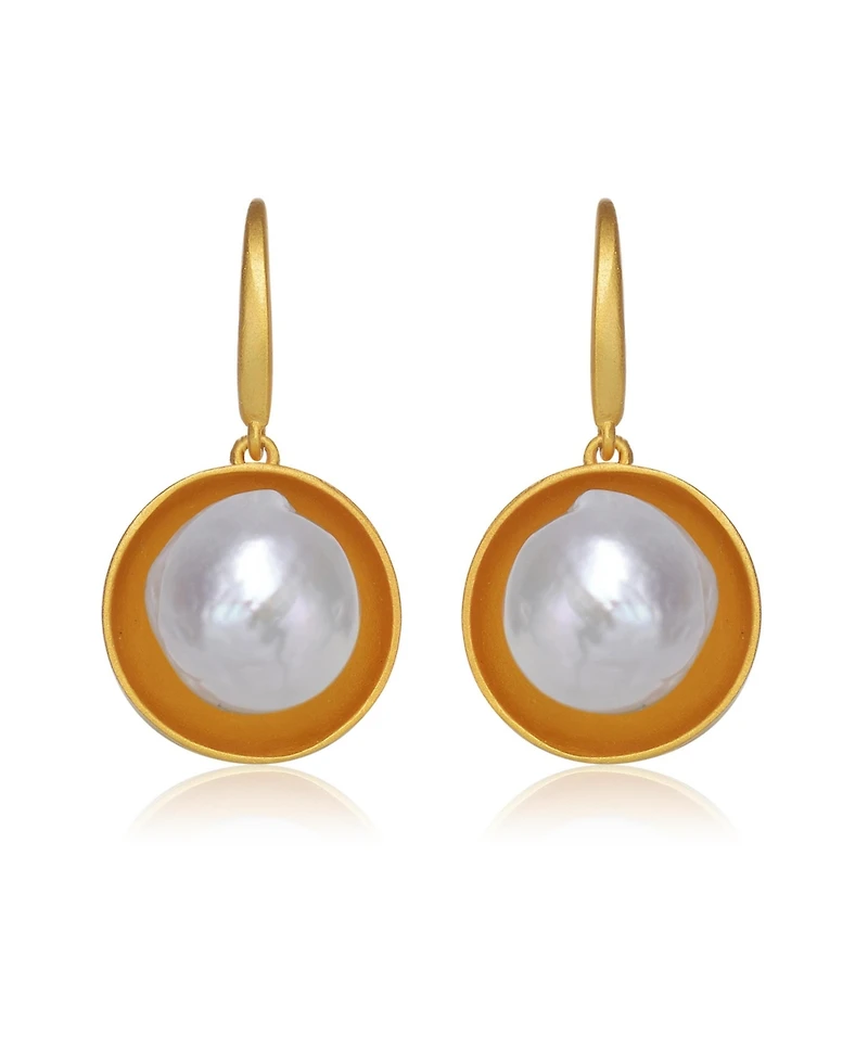 Sterling Silver 14K Gold Plated with Genuine Freshwater Round Pearl Hook Earrings