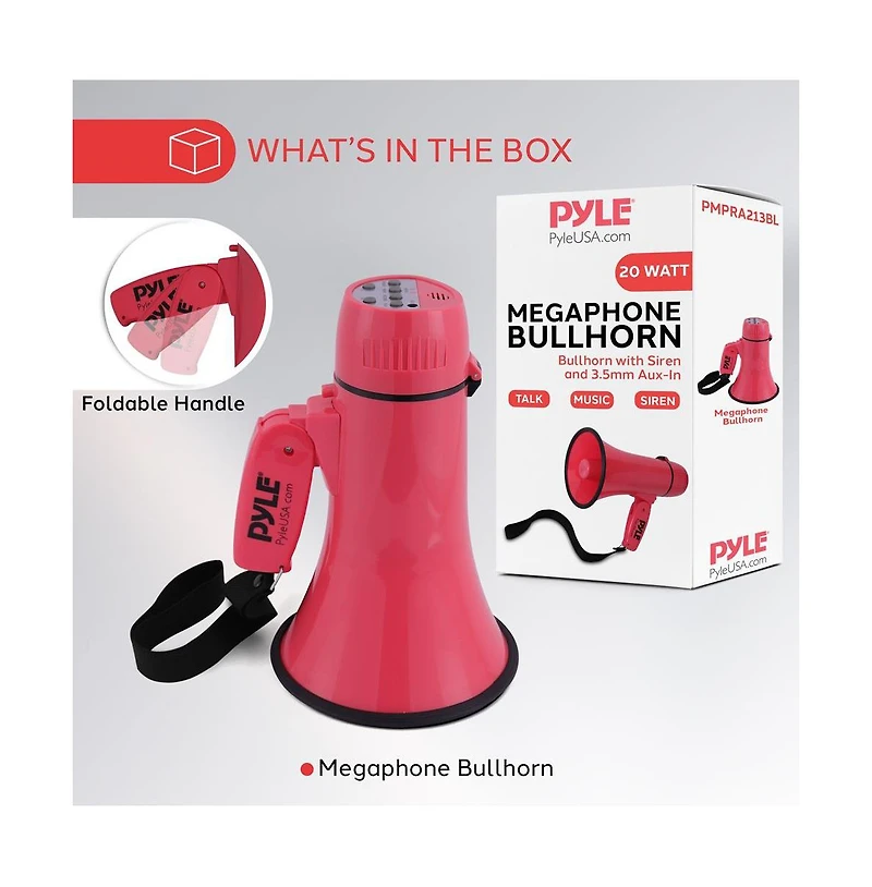 Pyle Portable Megaphone with Siren, 20 Watt Power, Aux Input for MP3, Automatic Siren, Lightweight