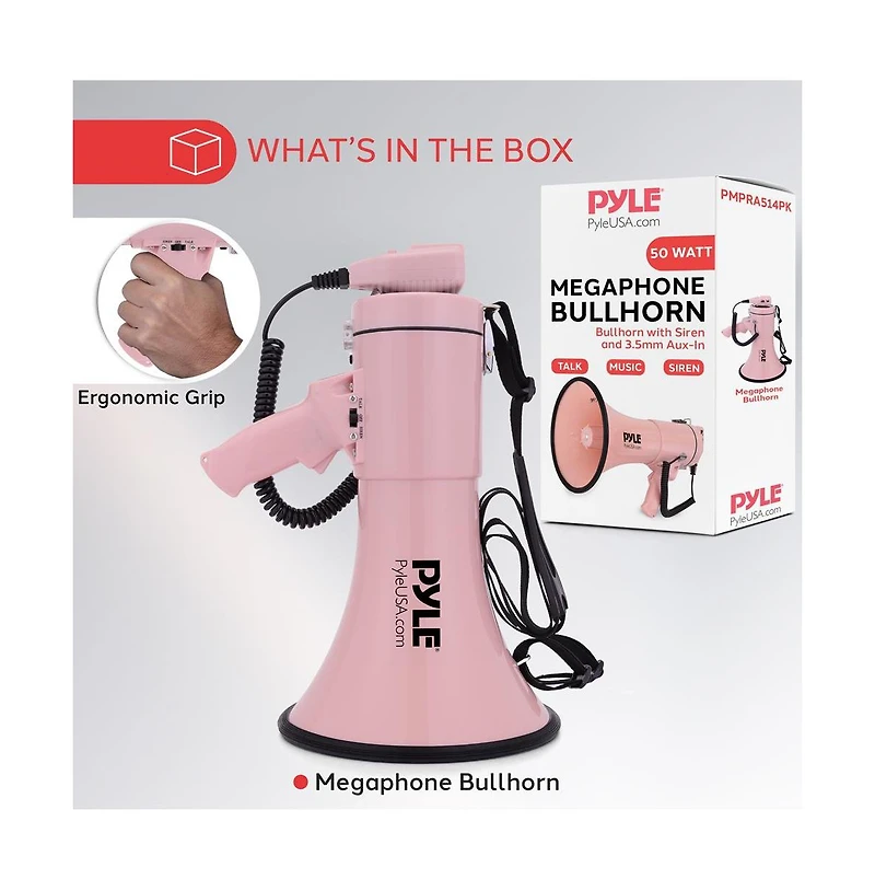 Pyle 50-Watt Portable Megaphone with Siren, MP3 Input, Automatic Siren, Shoulder Strap, Lightweight