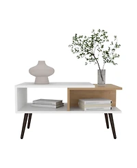 Drexel Coffee Table, 2 Shelves, 4 legs, White / Natural Oak