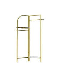 Unho Gold Metal Corner Coat Rack: Garment Rack with 2 Shelves Storage Hanging Clothes