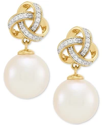 Honora Cultured Ming Pearl (10mm) & Diamond (1/8 ct. t.w.) Love Knot Drop Earrings in 10k Gold