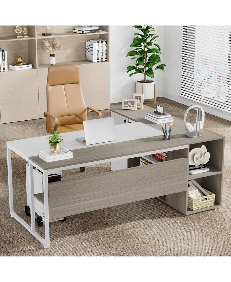 Tribesigns 71 inch Executive Desk, L Shaped Desk with Cabinet Storage, Office Shelves for Home