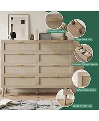 gaomon 6 Drawer Double Dresser for Bedroom, Rattan Dresser, Floor Standing Storage Cabinet, Clothes Storage Cabinet with Gold Handles, for Hallway, Li