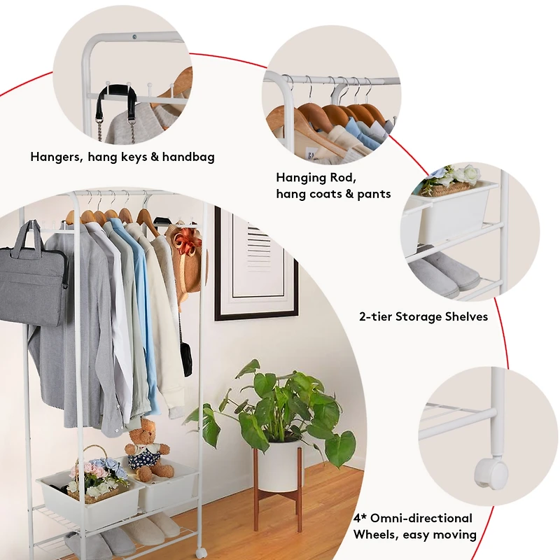Unho Metal Clothes Rack with Wheels: Portable Garment Organizer with Storage Shelves