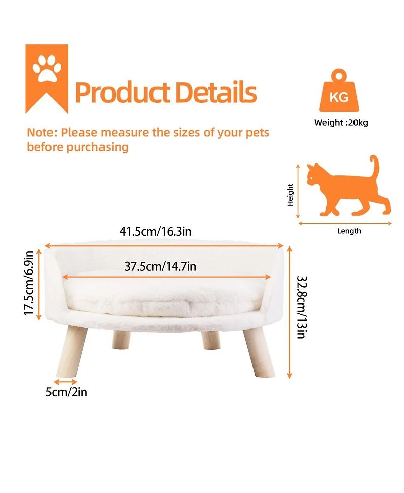 Bingopaw Pet Cat Dog Bed Soft Warm Plush Chair Bed Wood Legs Cushion Pad Washable