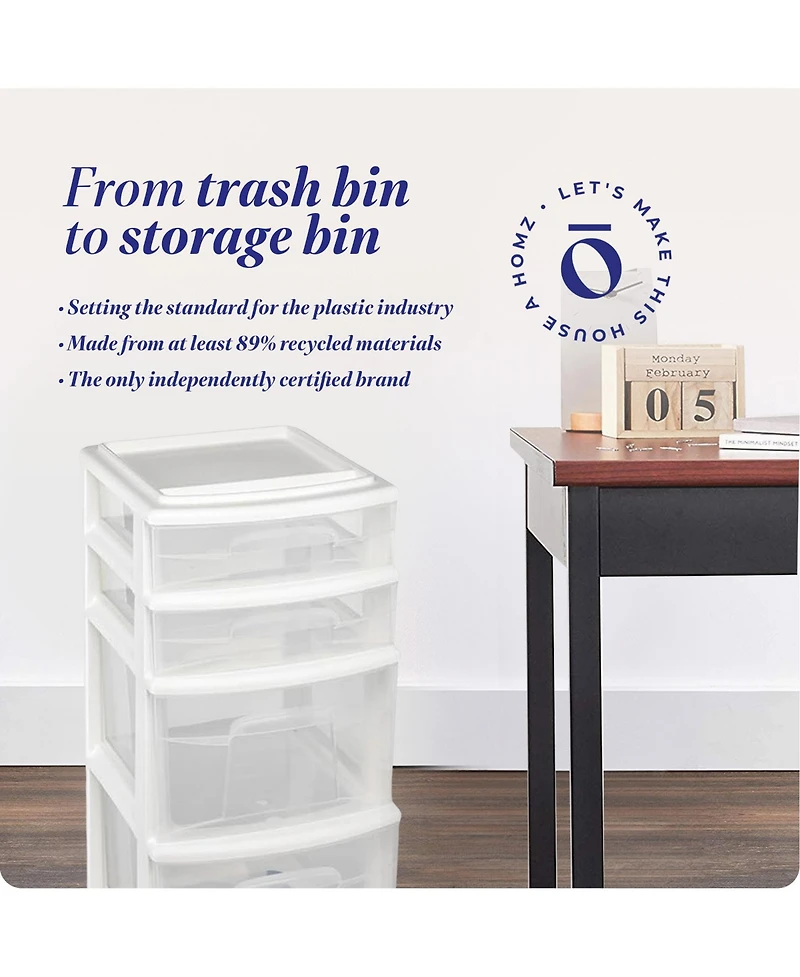 Homz Clear Plastic 4 Drawer Medium Home Storage Container Tower, White Frame