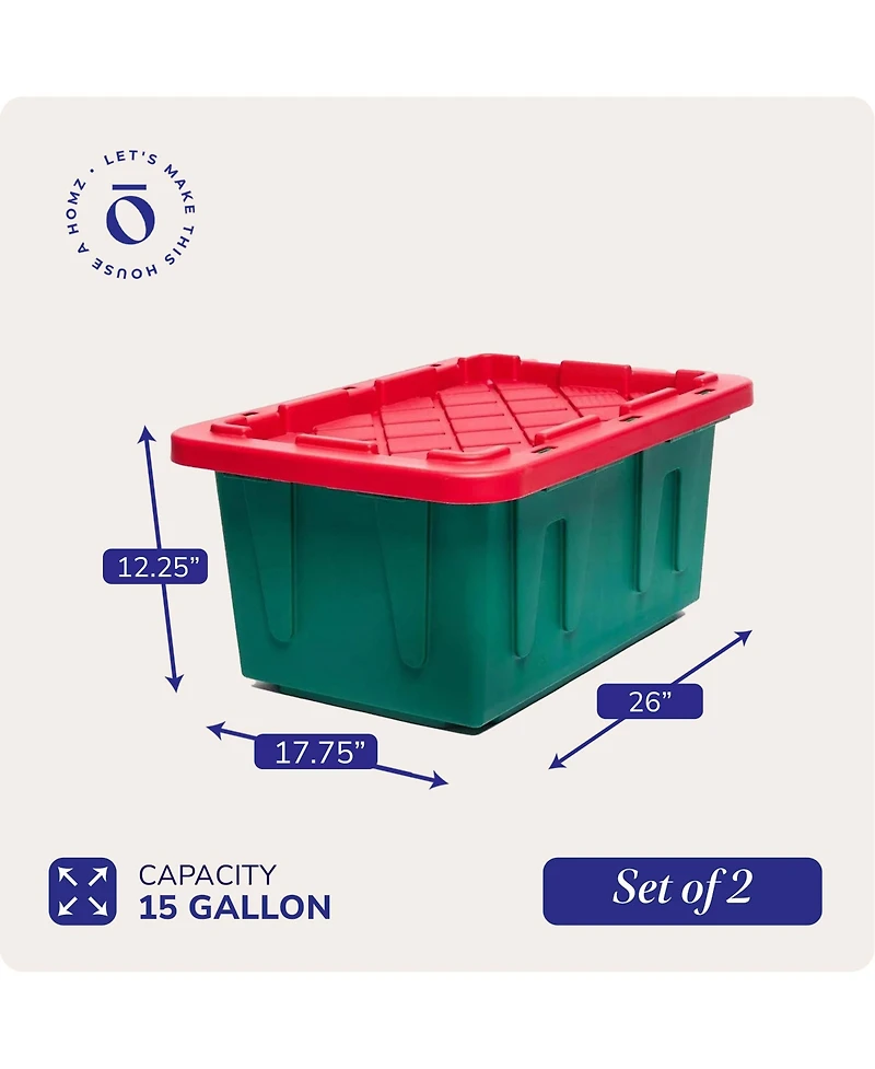 Homz Durabilt 15 Gallon Heavy Duty Holiday Storage Tote, Green/Red (2 Pack)