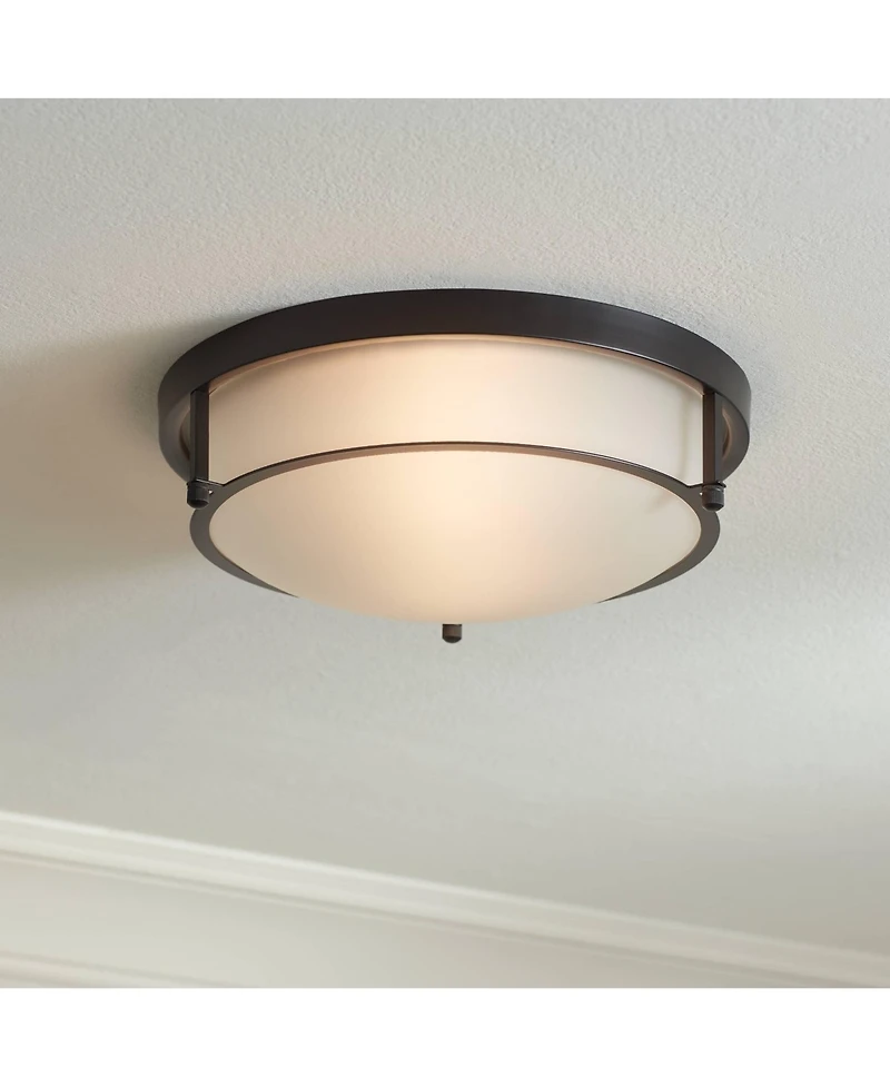 Possini Euro Design Encina 13" Modern Industrial Flush-Mount Ceiling Light Fixture Kitchen Foyer Hallway Round Black White Glass