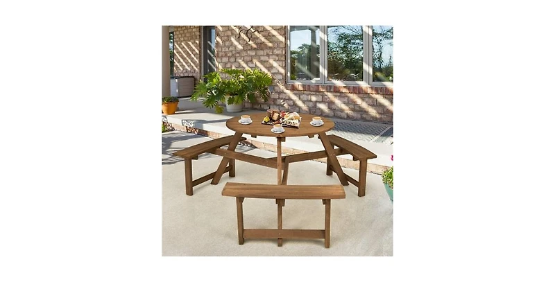 Slickblue Round Picnic Table Set with Umbrella Hole and 3 Benches for Outdoor Dining and Relaxation