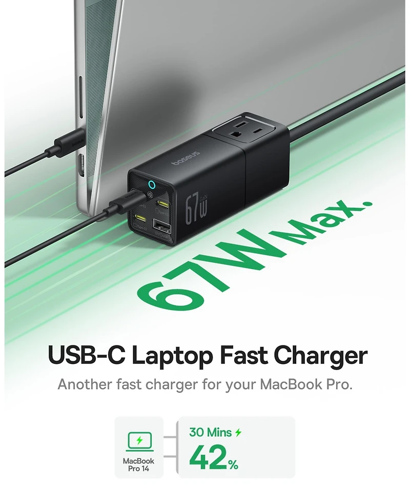 Baseus PowerCombo Mini Power Strip 5 in 1 Charging Station 67W Usb C Fast Charger,5ft Flat Extension Cord with 2 Ac Outlets