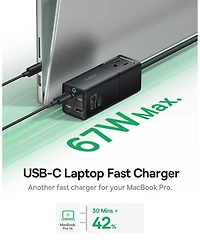Baseus PowerCombo Mini Power Strip 5 in 1 Charging Station 67W Usb C Fast Charger,5ft Flat Extension Cord with 2 Ac Outlets