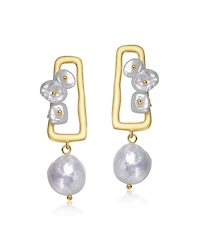 Beautiful Sterling Silver 14K Gold Plated 14-15MM Genuine Freshwater Pearl Drop Earrings