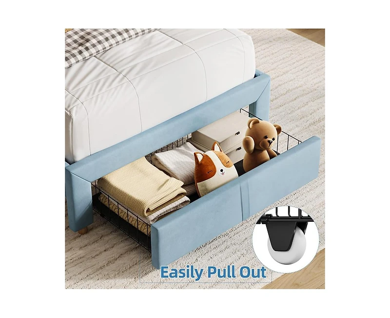 gaomon Twin Bed Frame with Drawer, Velvet Upholstered Platform Bed Frame with Storage Headboard, No Box Spring Needed, Easy Assembly, Noise-Free