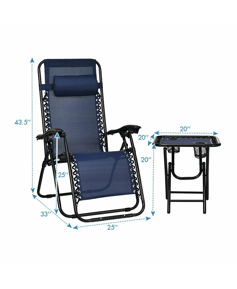 Gymax 3PCS Zero Gravity Recliner Lounge Chairs Pillows Table Portable Folding Navy