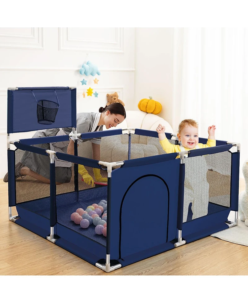 Comomy Baby Playpen Outdoor Indoor Play Yard 7 Panel Baby Safety Playpen for Infant Toddler with Basketball Hoop
