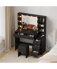 gaomon Makeup Vanity Stool Set, Small Desk with Lighted Mirror, Charging Station, 5 Drawers