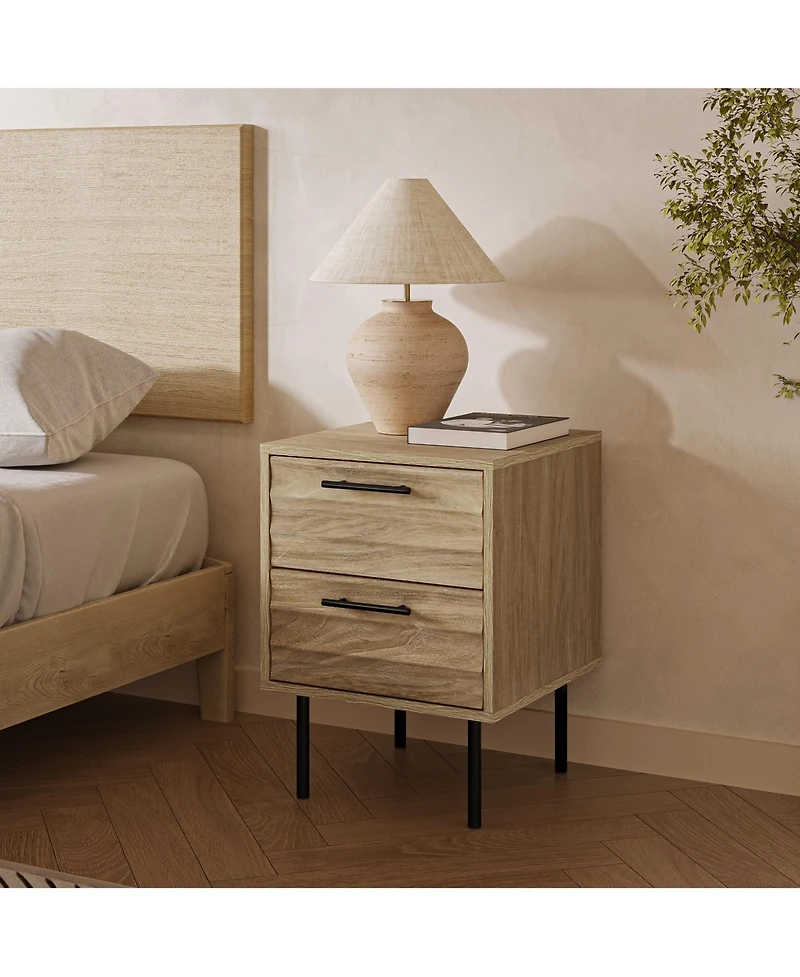 LuxenHome Mid-Century Modern Wave 2-Drawers End Table and Nightstand with Metal Legs