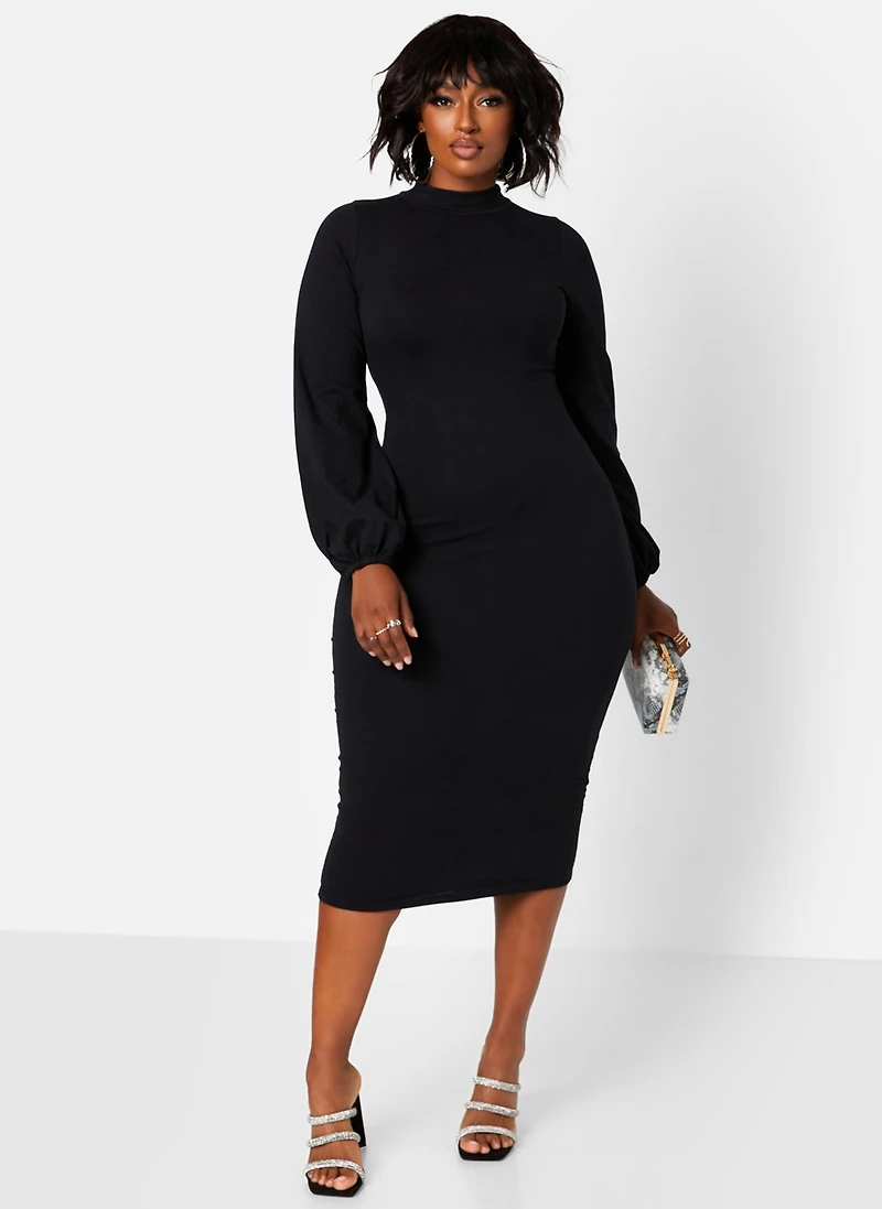 Rebdolls Women's Black Turtleneck Cotton Bodycon Midi Dress with Puff Sleeves