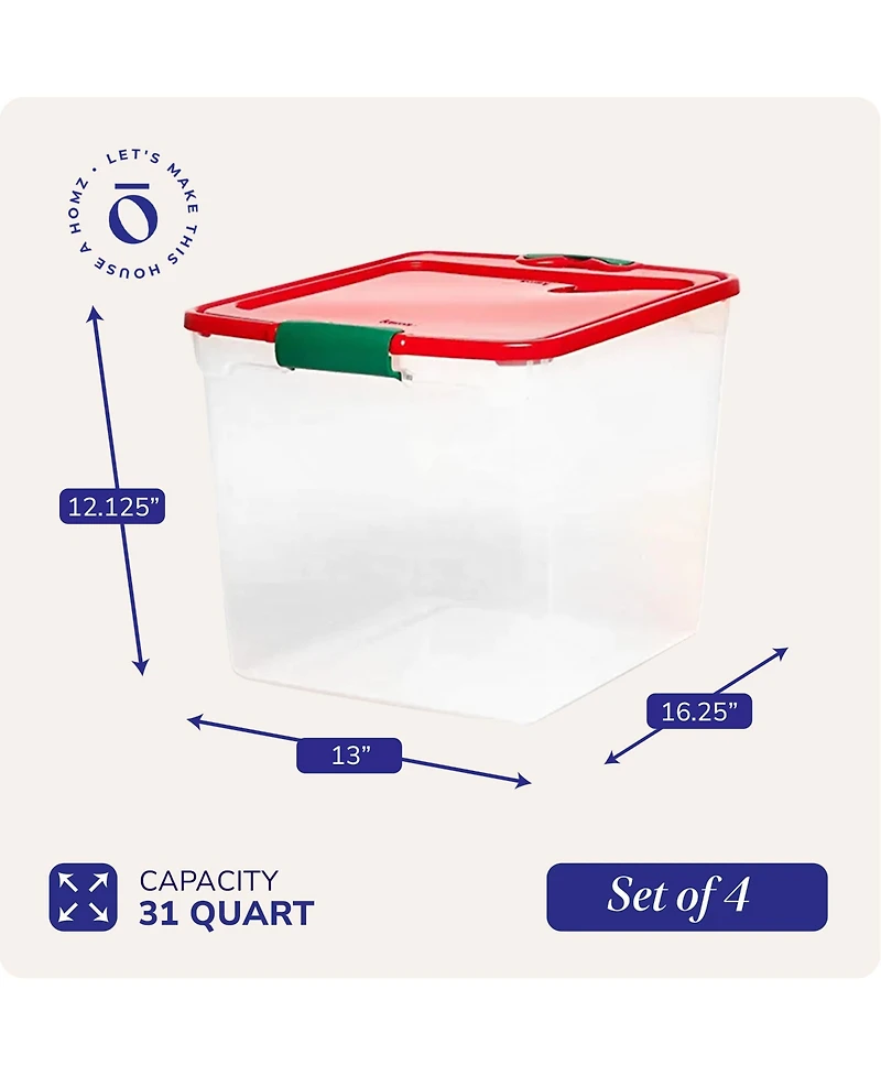Homz 31 Quart Holiday Plastic Storage Container Bin with Latching Lid, 4 Pack