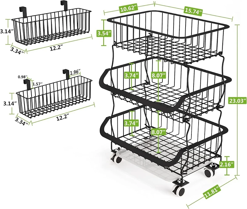 Tribesigns Fruit Vegetable Basket, 3 Tier Stackable Metal Wire Basket Cart with Rolling Wheels, Utility Rack for Kitchen, Pantry, Garage, with 2 Free