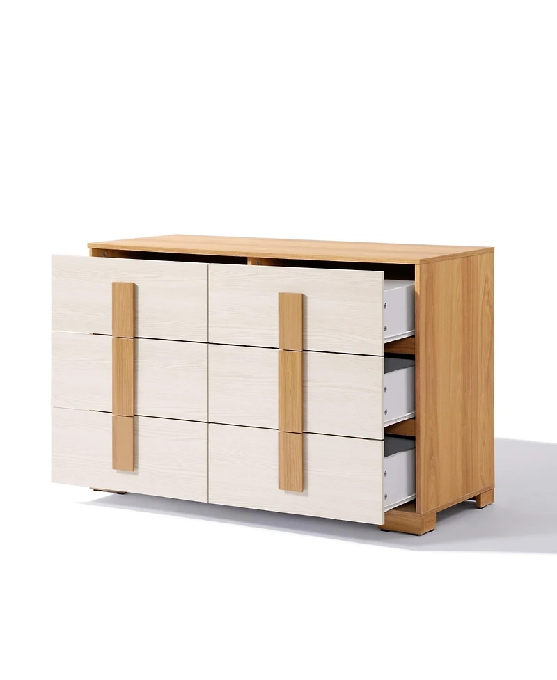 LuxenHome Natural and White 47.2-Inch Wide 6-Drawer Dresser