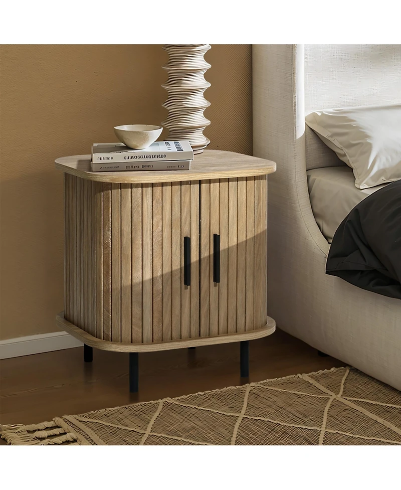 LuxenHome Mid-Century Modern 2-Door Nightstand and End Table with Slatted Slidng Doors