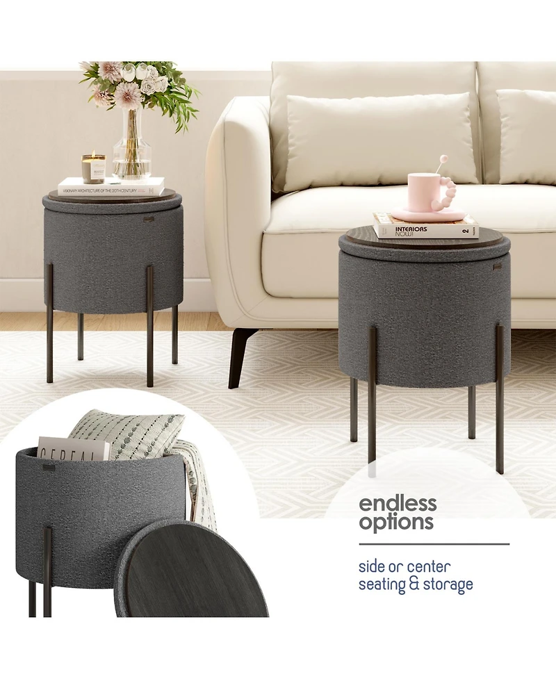 Boucle Round Ottoman with Hidden Storage – Modern Foot Stool, Makeup Vanity Small Rest, Perfect for Living Room & Bedroom D