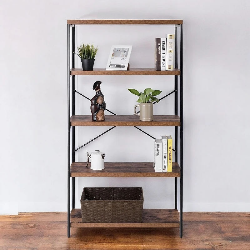 Slickblue Industrial Metal Wood 5-Tier Bookcase Storage Rack Book Shelf