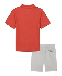 Calvin Klein Toddler and Little Boys Slub Jersey Polo Shirt Twill Shorts, 2-Piece Set