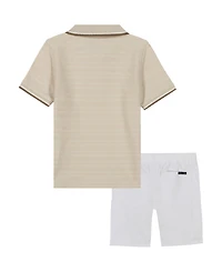 Calvin Klein Toddler and Little Boys Tipped Herringbone Dobby Polo Shirt Twill Shorts, 2-Piece Set
