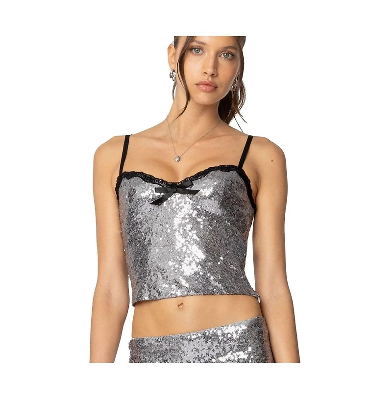 Edikted Womens Revel Lace Trim Sequin Tank Top