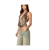 Edikted Womens Sequin Leopard Printed Cowl Neck Top