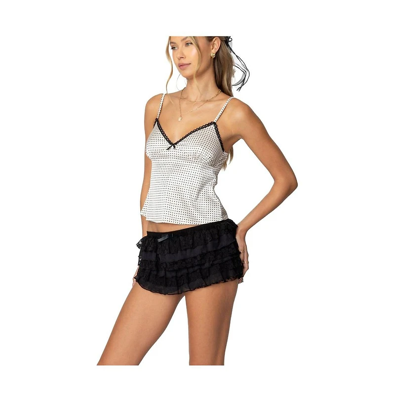 Edikted Womens Polka Dot Satin Lace Trim Top