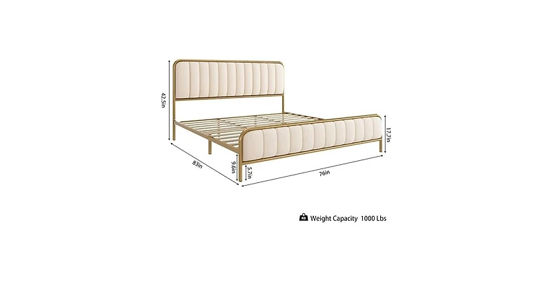 Metal Platform Bed with Gold Finish and Upholstered Headboard – Stylish Frame with Slats for Mattress Support