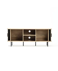 LuxenHome Mid-Century Modern 2-Door 55.1-Inch Wide Tv Console with Slatted Slidng Doors