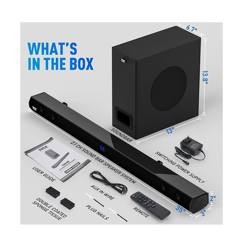 Pyle 35" 2.1 Channel Convertible Bluetooth Soundbar Speaker with Led Lights & Remote Control