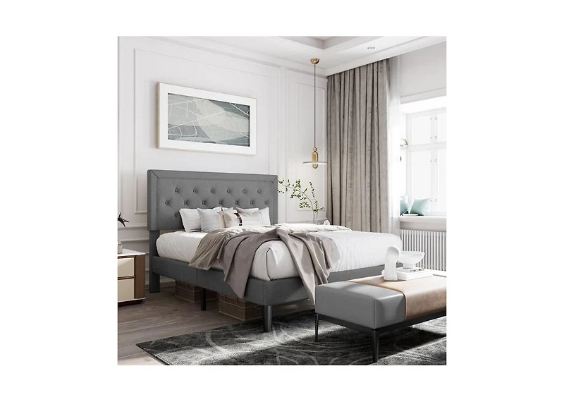 Linen Upholstered Platform Bed with Button-Tufted Headboard – Modern Bed Frame with Wood Slats, No Box Spring Needed