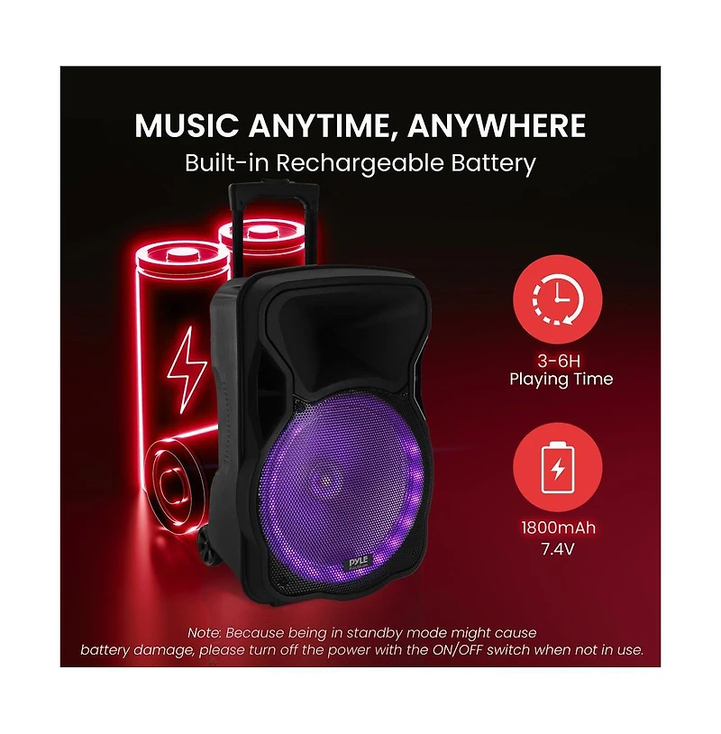 Pyle Portable Pa Speaker with Bluetooth, Led Lights, Rechargeable Battery, Fm/Usb/Sd & Wireless Microphone