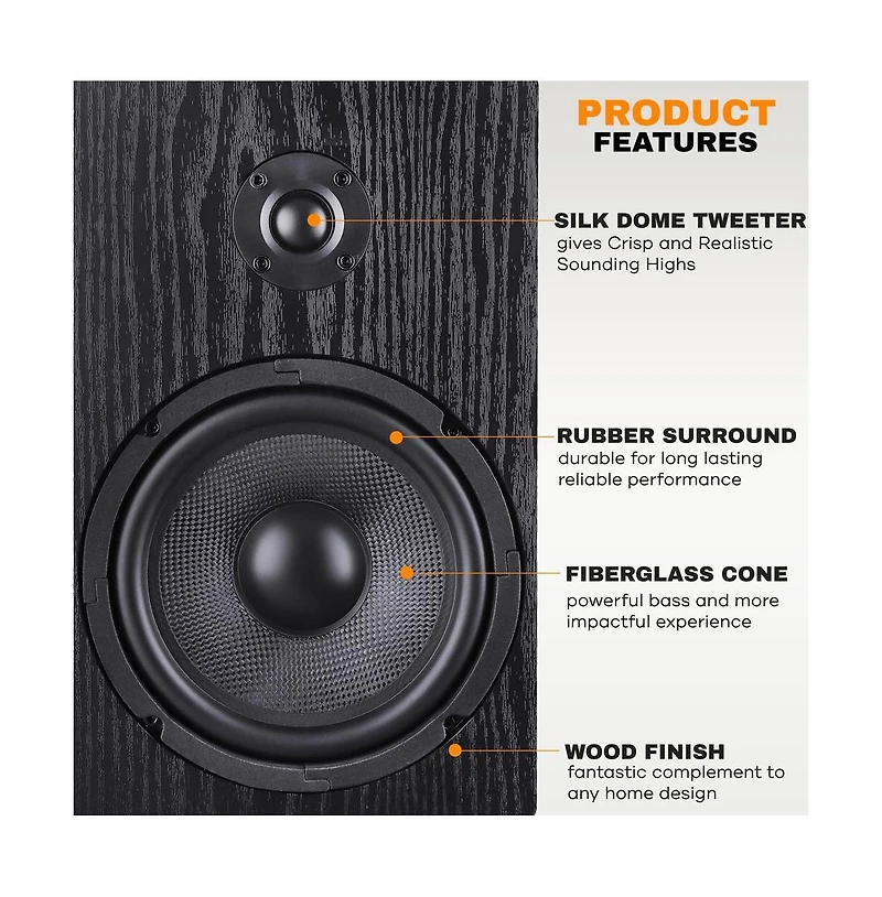 Pyle 6.5" Home Theater Bookshelf Speakers, Wall-Mountable with 0.75" Silk Dome Tweeter and Aluminum Voice Coils, Pair (Black)
