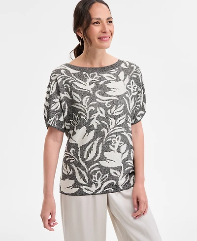 Jm Collection Petite Puff-Sleeve Jacquard Sweater, Exclusively at Macy's