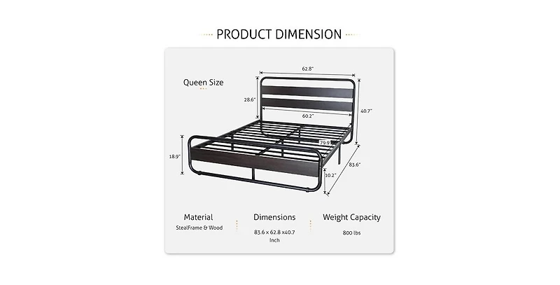 Heavy Duty Round Metal Frame Platform Bed with Wood Panel Headboard