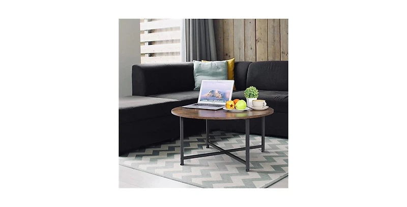 Modern Round Industrial Coffee Table – Wood Top with Metal Frame for Living Room or Lounge