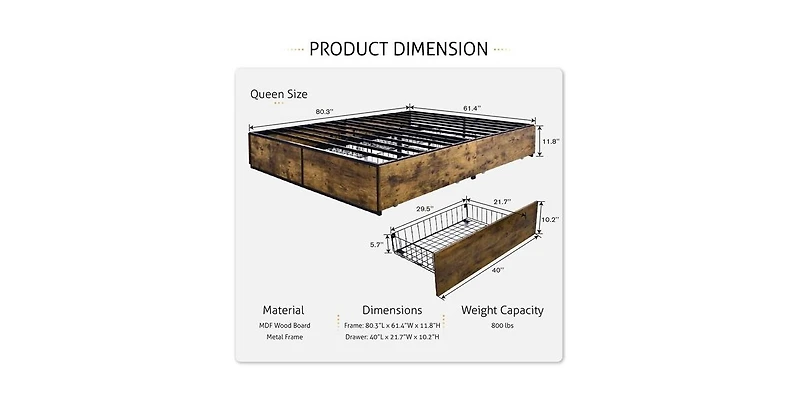 Slickblue Metal Wood Platform Bed Frame with 4 Storage Drawers - 800 lbs Max Weight